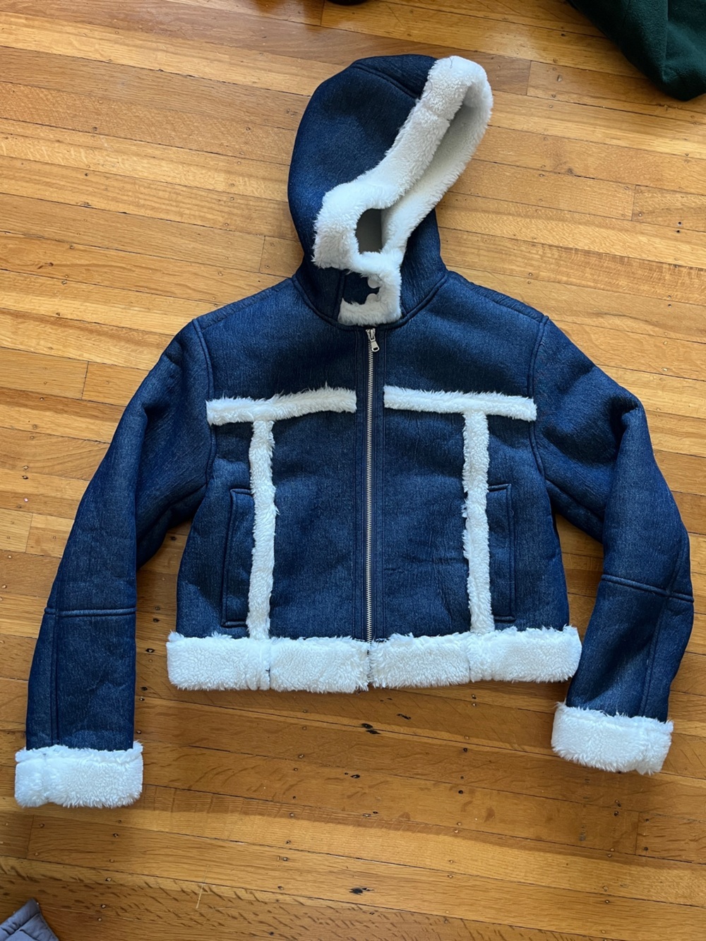 Urban Outfitters NWT denim Faux Shearling Hooded Jacket urban cowgirl streetwear